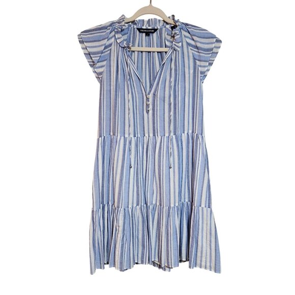 Trendy Easter Spring Veronica Beard Zee Blue White Striped Dress Tiered Ruffle S - Picture 5 of 16